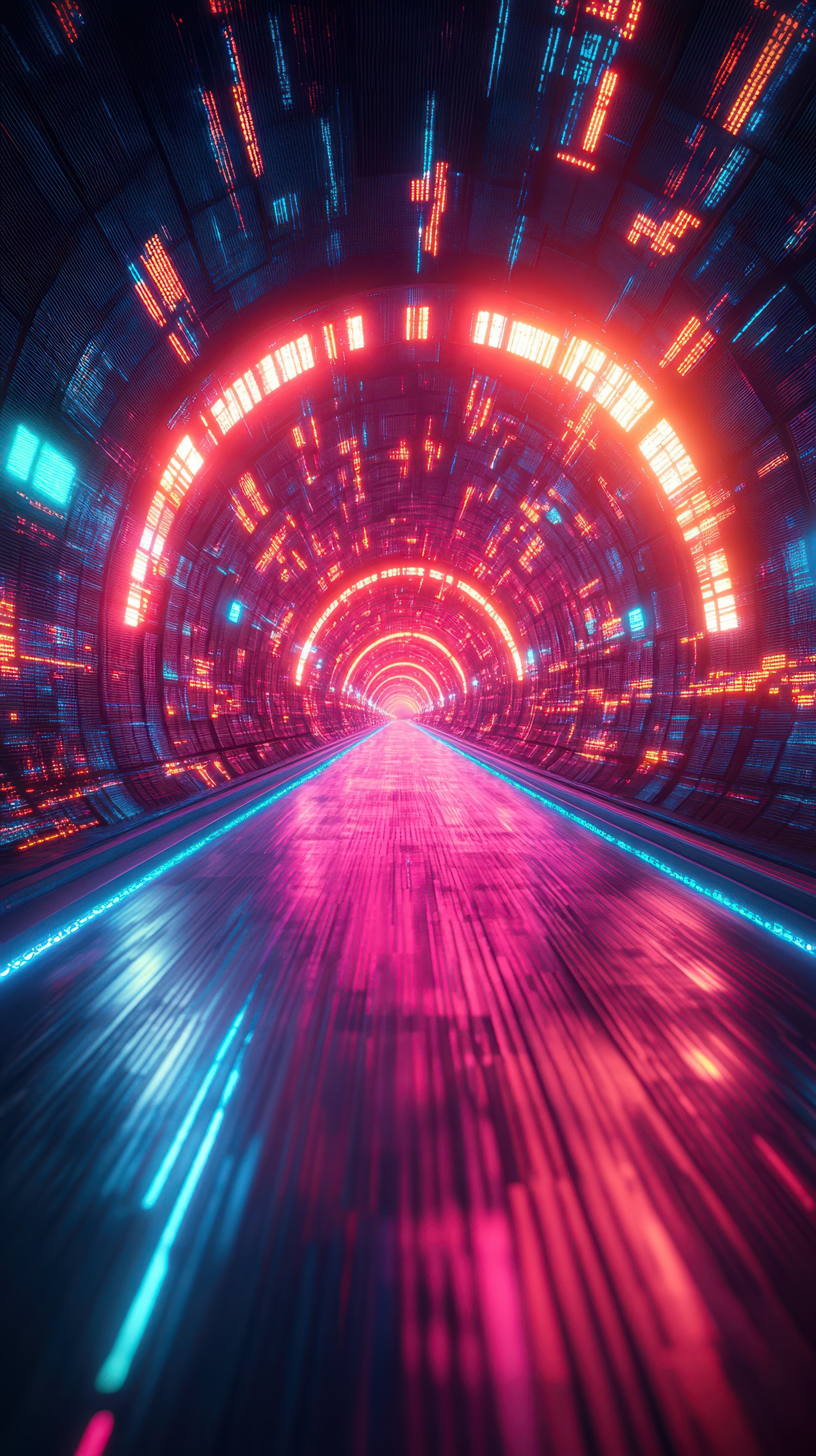 Futuristic tunnel with vibrant lights and digital patterns in a high-speed environment